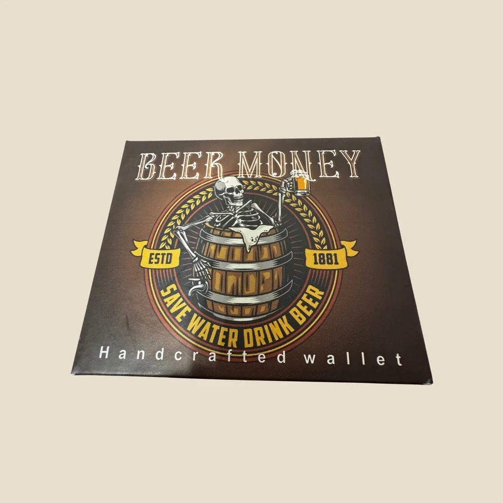 Beer Money Handcrafted Vegan Leather Bifold Wallet Skeleton Graphic Brown Black